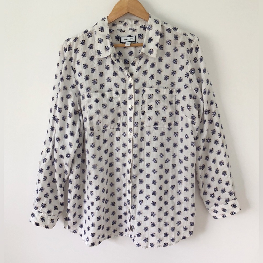 Charter Club Top Sz XL Women’s White Blue Printed 100% Linen Roll Tab Relaxed